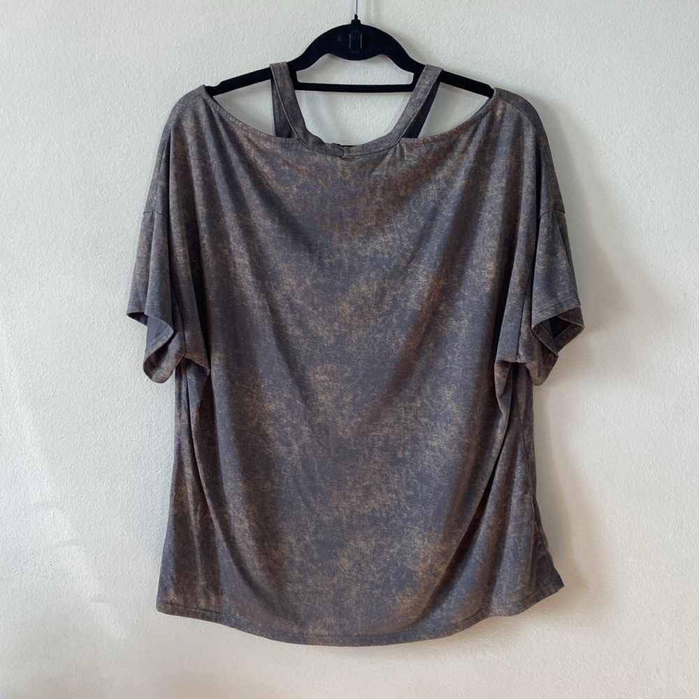 New Harlow & Graham Grey Tan Tie Dye Tee Shirt Medium Short Sleeve Casual Cutout - Picture 6 of 6